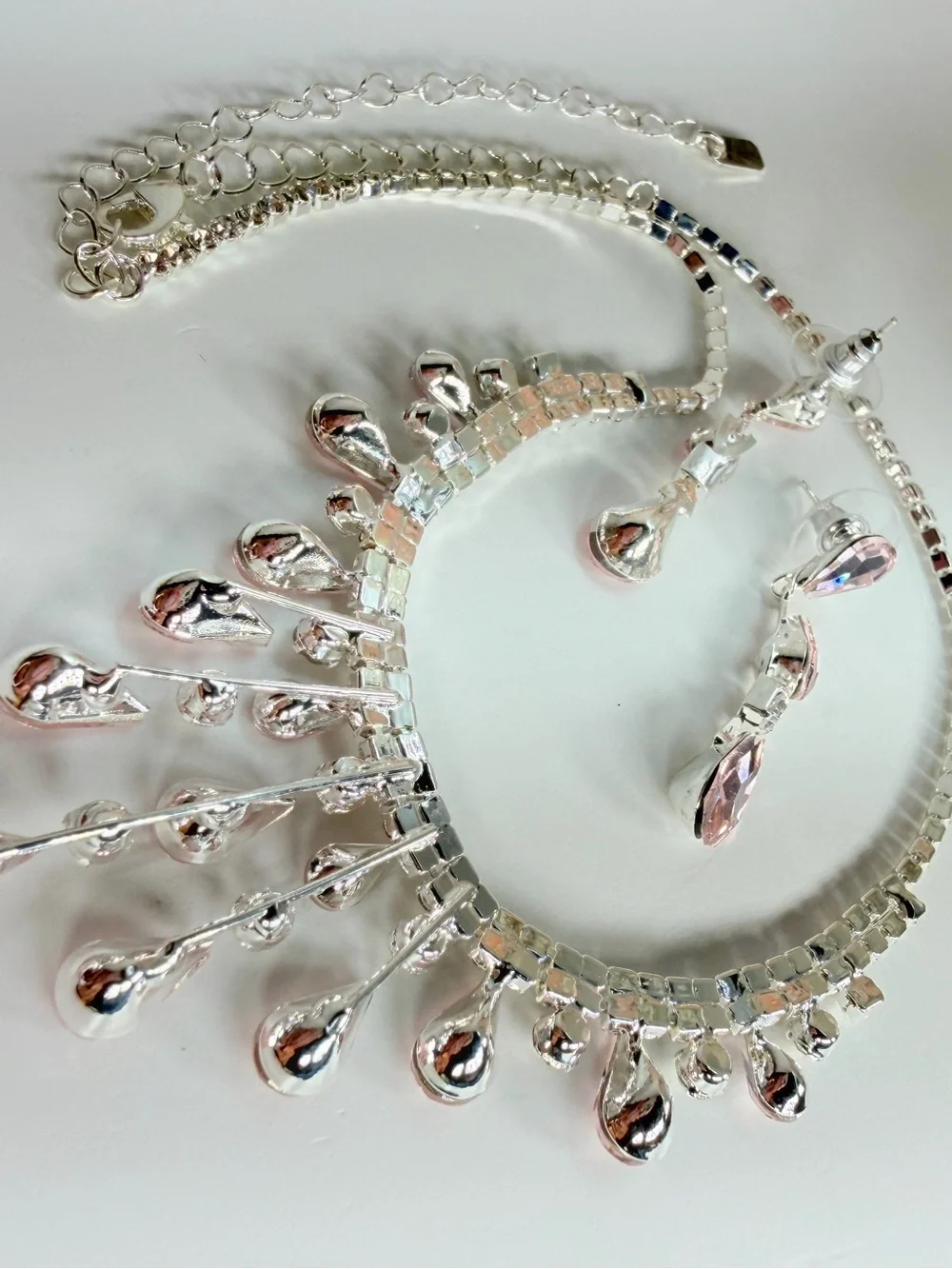Pink Teardrop Crystal Necklace and Earring Set